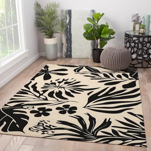 Carpette imprimé feuilles vintage bohèmes tapis noir beige - 4