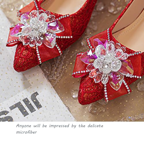 Women's Pointed Toe Rhinestone Bow Silk Low Heel Pumps Luxurious Crystal Comfortable Block Heel Slip-On Wedding Formal Work Shoes4