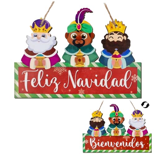BETESSIN 1 pieza Cartel Colgante Reyes Magos, Decoración Madera Feliz Navidad para Puertas, Adorno Navideño Letrero Pancarta Bienvenidos de Puerta Pared Ventana Escaparate
