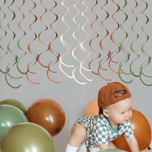 Image of 36 Pcs Jungle Hanging Swirl Decorations Sage Green Brown Beige Felt Swirl Streamer Spiral Ceiling Garland for Safari Jungle Woodland Wild One Birthday Neutral Baby Shower Party Decorations Supplies