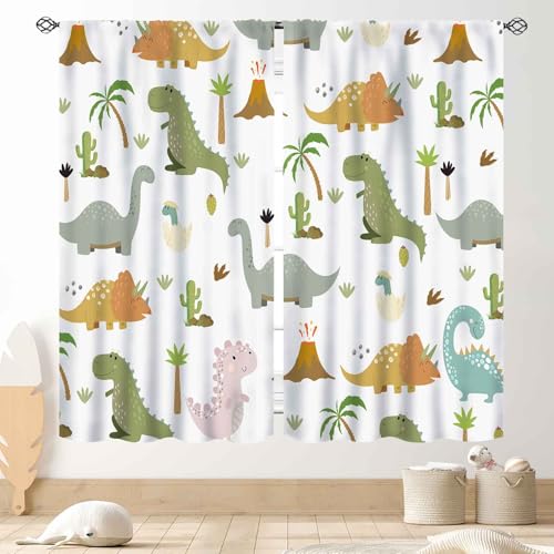 Image of Dinosaur Curtains for Boys Room, Cartoon Dino Cute Safari Animal Printed Baby Kids Room Decor Blackout Window Drapes Treatments for Children Nursery Bedroom Living Room 2 Panel Sets, 84"x84" Inch