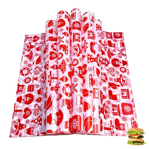 Suiwen 150pcs Christmas Wax Paper Sheets for Food Deli Paper Sandwich Wrap Candy Cookies Wraps, Waterproof Oil-proof Picnic Basket Liners with Christmas Tree Printed for Kitchen Handmade Food(Red)