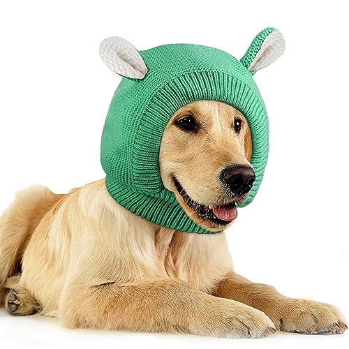 Image of Frienda Dog Ear Muffs Noise Protection, Neck 14.96 Inch Fits Medium Dogs, Knitted Calming Hood for Dogs, Fireworks Thunder Anxiety Relief, Fleece Inner Warm Beanie Hat(Green)