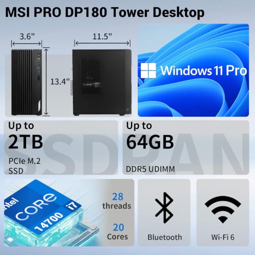 Image of msi PRO DP180 Business Tower Desktop Computer, Intel 20-Core i7-14700 | 16GB RAM, 512GB SSD, HDMI, Wi-Fi 6, DisplayPort, RJ-45, Built-in SD Card Reader, Windows 11 Pro