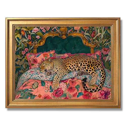 Large Gold Framed Sleeping Leopard Canvas Wall Art Vintage Jungle