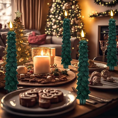 Image of Funtery 6 Pcs LED Christmas Tree Flameless Taper Candles Real Wax Battery Operated Candlestick Lights with 3D Flame and Remote Timer Window Fireplace(Green,Christmas Tree)