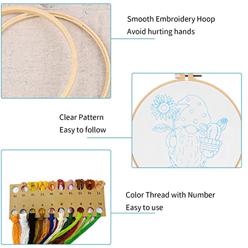 Image of Nuberlic Sunflower Embroidery Kit for Beginners, Full Set of Stamped Gnome Cross Stitch Kit for Adults Including Threads, Hoops and Instruction