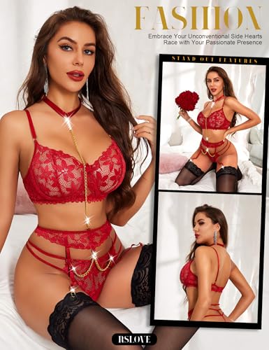Image of RSLOVE Women's Lingerie Sets with Garter Belt 3 Piece Sexy Lace High Waist Bra and Panty Set Push Up Exotic Sleepwear