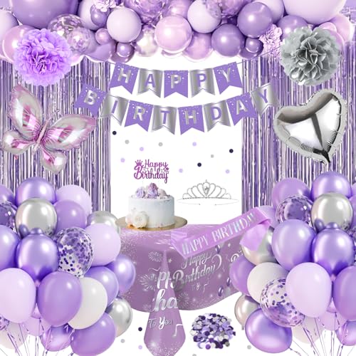 Purple Birthday Decorations Purple Silver Party Decorations Set Happy Birthday Banner Latex Balloons Fringe Curtain Tablecloth Sash Tiara Crown Pom Poms for Women Girls Princess Party Supplies