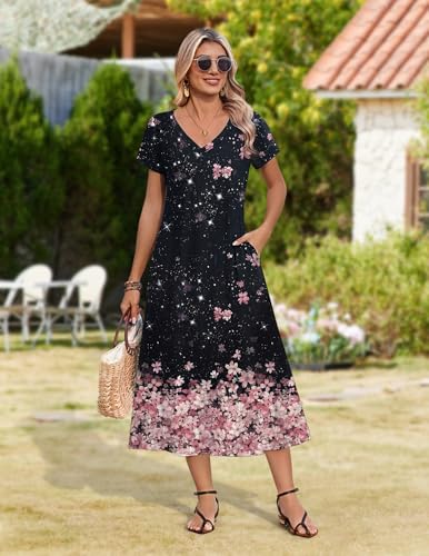 Image of Zeagoo Women Summer Floral Dress Short Sleeve Beach Dress with Pockets Casual V-Neck Split Long T-Shirt Dress Travel Vacation
