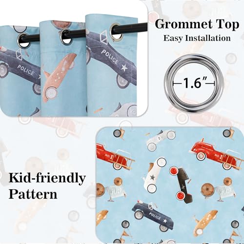 Image of MYSKY HOME 95% Blackout Blue Curtains for Boys Room 84 Inch Long 2 Panels with Car Printed Thermal Insulated Noise Reducing Grommet Drapes for Kids Bedroom Playroom Nursery, Each Panel 52 inch W