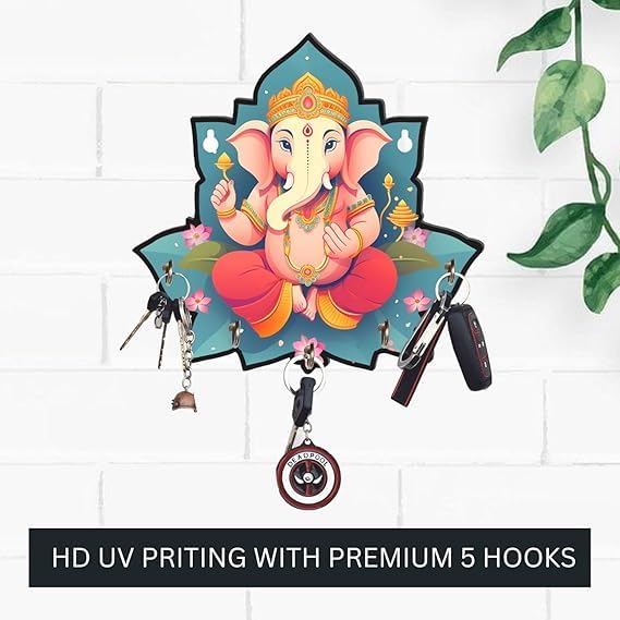Porte-clés Ganesh en bois mural multicolore avec 5 crochets de rangement - 4