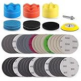 POLIWELL Car Headlight Restoration Kit, 3 Inch Car Polishing Sanding Discs Kit, 3 in Sandpaper Grit 320-5000 Headlights Sanding Sheets with 1/4" Shank Backing, Buffing Sponge Pads for Drill, 52 PCS