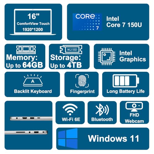 Image of Dell 16 Business Laptop 16 inch 2K WUXGA Comfortview Touchscreen Intel 10-core Core 7 150U 64GB DDR5 2TB SSD Backlit Fingerprint Wi-Fi6E FHD Camera Type-c ExpressCharge Long-Lasting Battery Win11