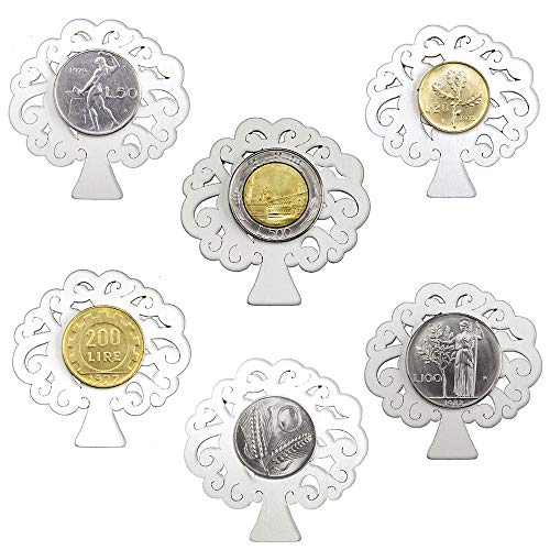  DLM31834 (Kit 12 Pezzi) Magnete Calamita Albero della Vita in Legno con Moneta Lira Lire Repubblica Italiana 1946-2001 Pre-Euro Monete d\'Epoca bomboniera Regalo