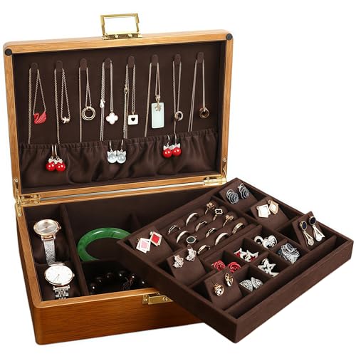 LIBOLXSP Solid Walnut Wood Jewelry Box with Lock, 2-Layer Vintage