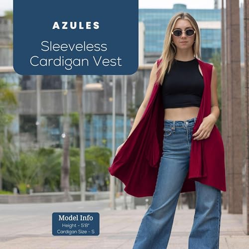 Image of Azules Sleeveless Long Cardigan for Women with Pockets - Lightweight Open Front, Flowy Dressy Layer for Work or Casual Wear