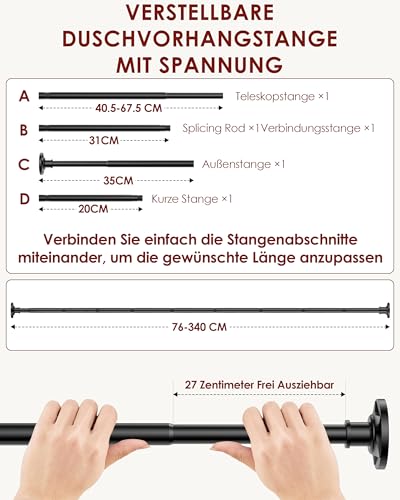 Duschstange zum Klemmen, rostfreier Edelstahl, 28mm, Länge 76-340cm. Duschvorhangstange ohne Bohren & Gardinenstange ohne Bohren – perfekt für Mieter, Bad, Fenster, Kleiderschrank (Schwarz)