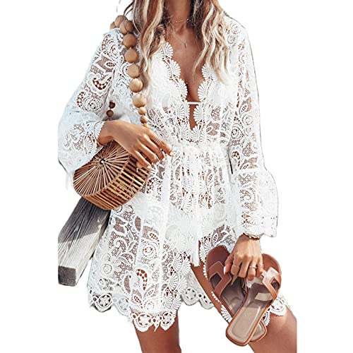 Carolilly Bikini Cover Up Strandkleid Damen Lang Kleid Boho Damen Sommer Kimono Damen Lang Boho Kleid Lang Bademode Damen (Weiß D, XL, x_l)