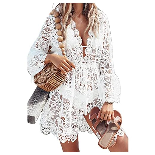 Carolilly Bikini Cover Up Strandkleid Damen Lang Kleid Boho Damen Sommer Kimono Damen Lang Boho Kleid Lang Bademode Damen (Weiß D, XL, x_l)