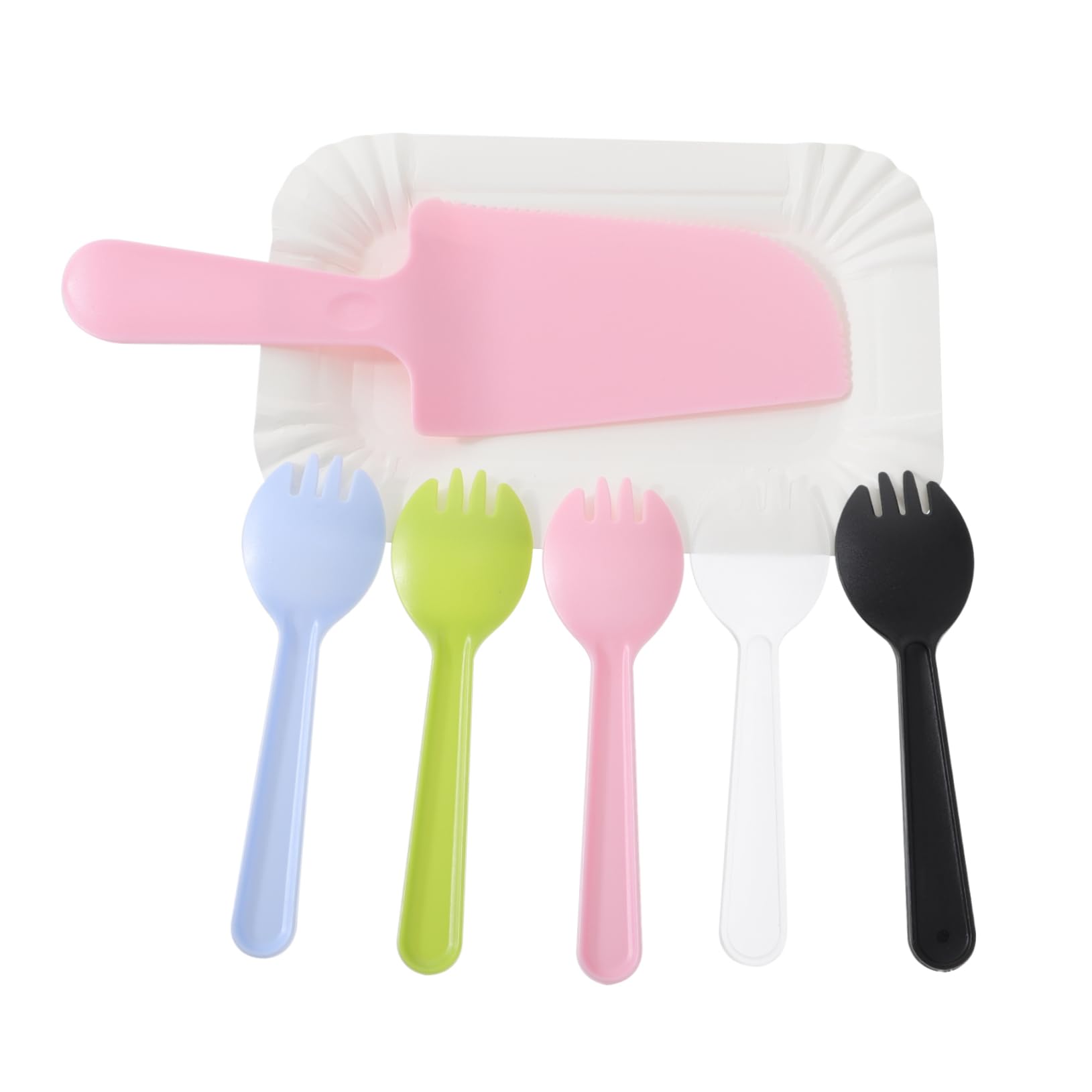 Ipetboom Disposible Cake Knife Fork Tray Set 50pcs Paper Plates Heavy Duty Plastic Cutlery for Birthday Banquet Random Color