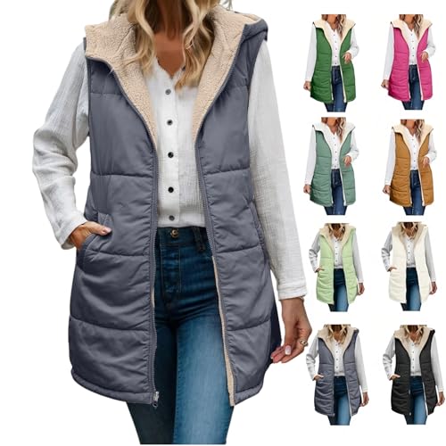 Plus Size Vest For Women,Womens Long Puffer Vest Fall Winter Casual Sleeveless Reversible Fleece Jacket Zip Up Quilted Trendy Vests Coat 2025,Grey,3X-Large