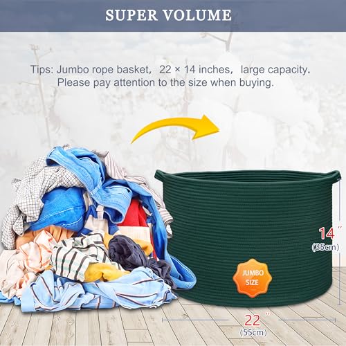 Image of Large Cotton Rope Blanket Basket, 87L Laundry Hamper, Dark Green