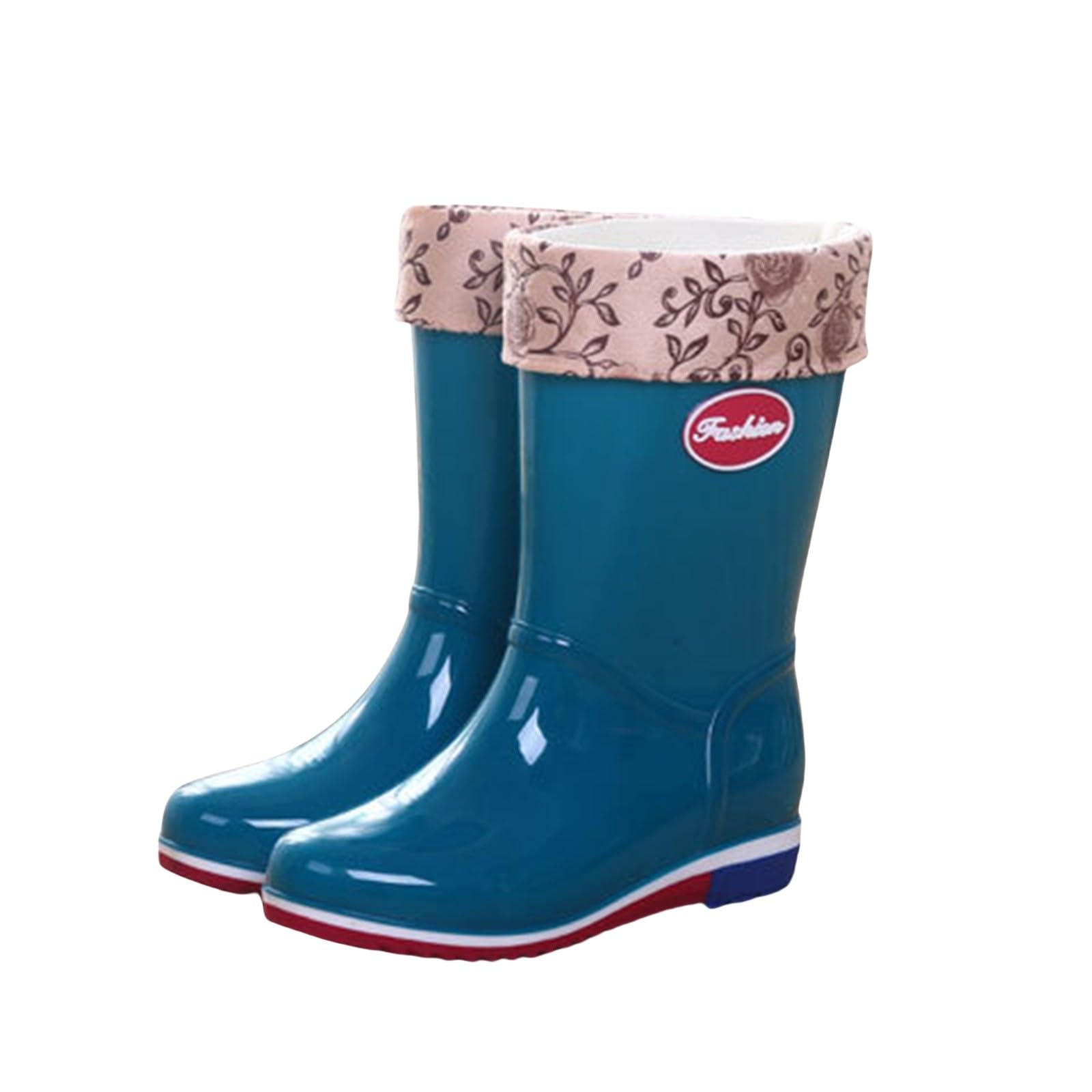 Womens Mid Calf Rain Boots Round Toe Anti-slip Lightweight Rainboots Fleece Lined Winter Outdoor Work Garden Shoes