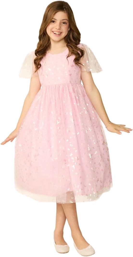 Vestido Infantil Rosa Estampa Borboletinhas Véu Rodado Voil Festa Aniversário Casamento