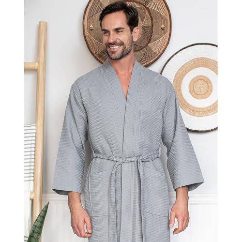 Lotus Linen Men’s Waffle Weave Cotton Bathrobe – Lightweight, Quick Dry Spa Robe, Personalized Robes3