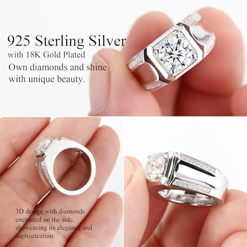 Mens Moissanite Wedding Bands, D Color VVS1 Moissanite Sterling Silver Plated 18K White Gold,Round Wedding Anniversary Band Ring for Men‘s Gift3