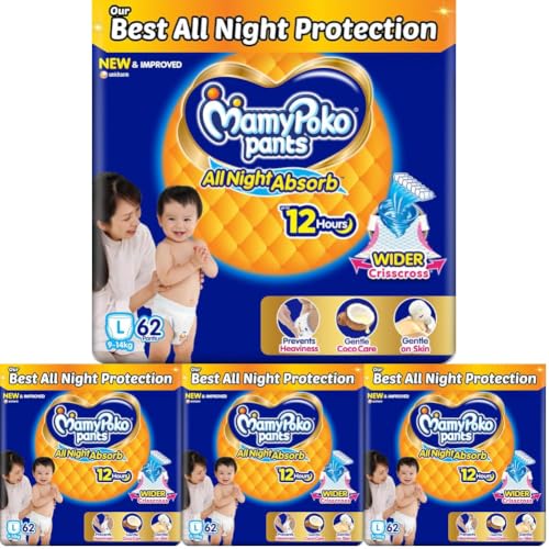 Image of Mamypoko Pants All Night Absorb|Pant Style Baby Diapers Large Size(L),62 Count,Ideal for 9-14Kgs|1 Diaper: Upto All Night Absorption|Wider Crisscross Sheet|Gentle Coco Care|12hr Leakage Protection