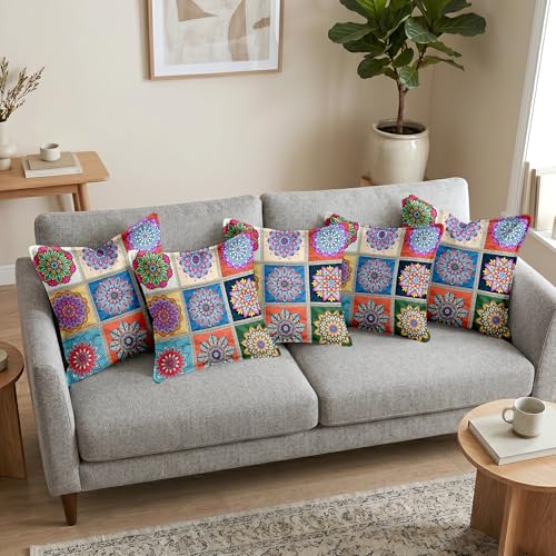 Image of Divine Casa Set of 5 Mandala Print Cushion Covers 16x16 Inches | Polyester Decorative Throw Pillow Covers with Lace Border | Multicolor Cushion Covers for Sofa, Couch & Bedroom | Multi Teal