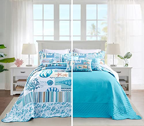 HZ & HY Coastal Oversized King Bedspread 128x120 Extra Wide, Lightweight Beach Bedding Nautical Quilt, Real Stitching, Reversible, 6 Piece, 100% Microfiber, King/California King, Coral