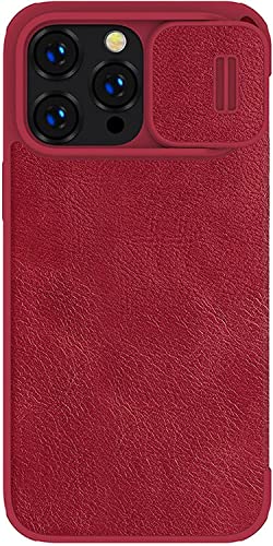 Funda para iPhone 14 de piel sintética roja con tarjetero y forro de microfibra