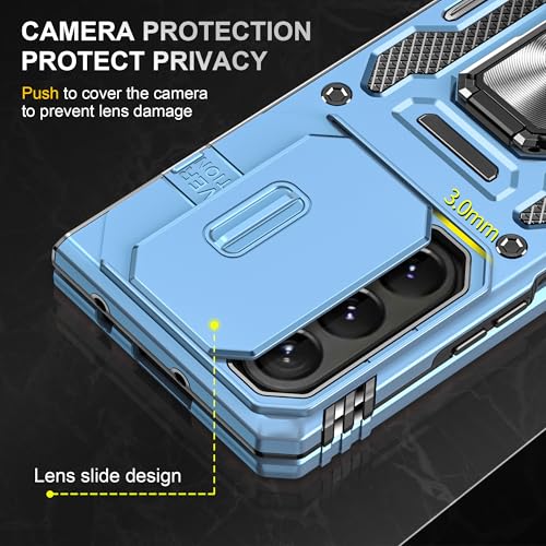 Image of Polycarbonate Slide Camera Cover with Ring Holder Mobile Phone Case Cover for Samsung Galaxy Z Fold 6 (Blue)