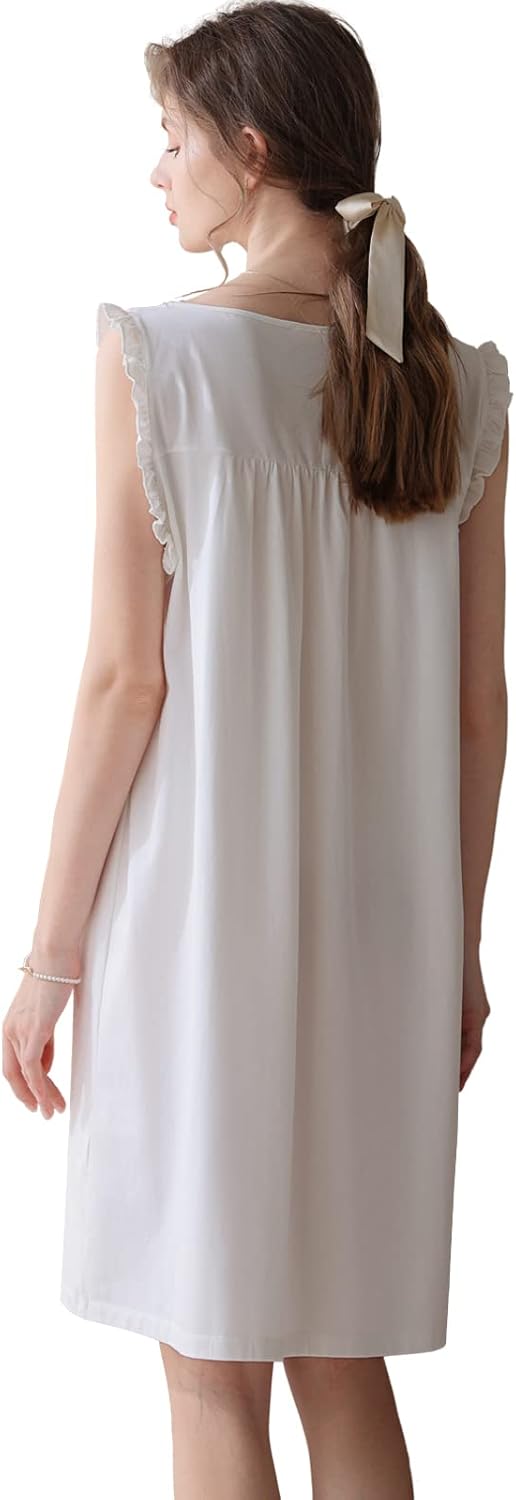 Nanxson Women's Knitted Cotton Nightgown Sleepwear Sleeveless Sleep Dress V Neck Lace Nightwear Victorian Loungewear - Image 4