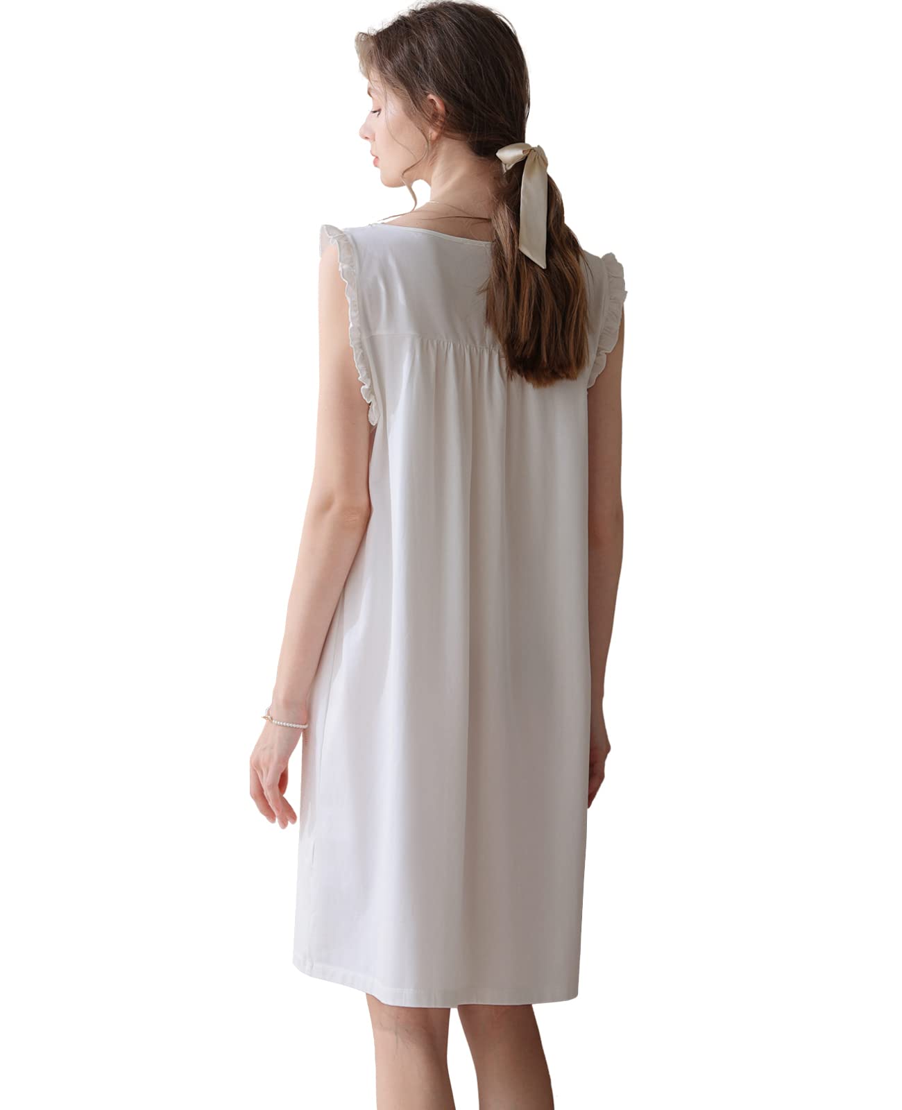 Nanxson Chemise de Nuit en Coton Tricoté pour Femme Robe de Nuit sans Manches Col en V Dentelle Vêtements de Nuit