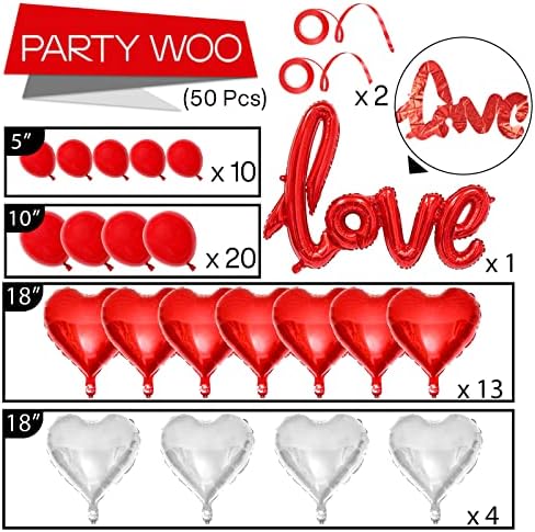 PartyWoo Valentines Balloons, 50 pcs Valentine Decorations, Love Balloons, Heart Balloons, Red Ribbons, Red Balloons for Valentines Day Decorations, Valentines Day Decor, Valentines Decor