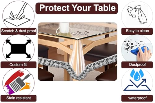Image of The Furnishing Tree Square Shaped 4 Seater Transparent Table Cover Size 54x54 inches 0.25 mm Thickness with Silver Lace