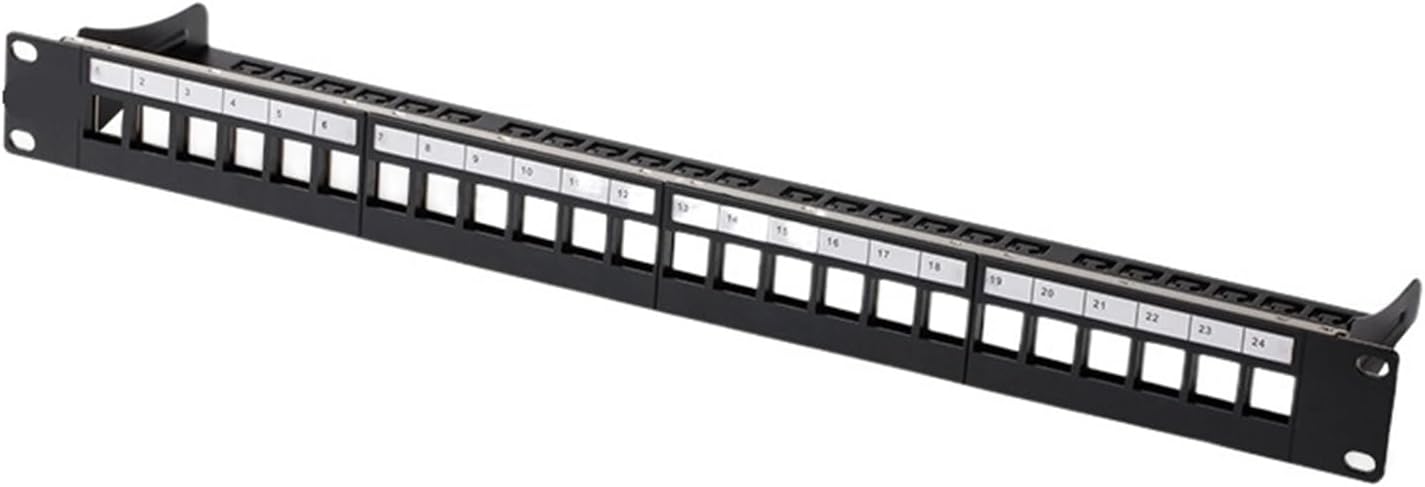 24-port blank patch panel, uninstalled, empty 24P panel, shielded, 19-inch, 1U rack mount, with labeling, field cable strip, ground wire