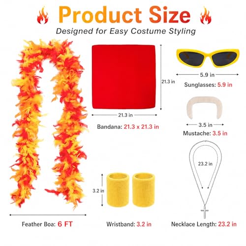 Gocasmus 6PCS Retro Wrestler Costume Accessories Set for Adults, Red Bandana Yellow Sunglasses Feather Boa Fake Mustache Wristbands Cross Necklace for Halloween Cosplay Costume Party - image 6