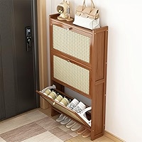 Armoire à Chaussures 4 étagères En Bambou - 96x33x90 Cm - 3 Portes à Stores + Tiroir - Rangement Couloir Salon