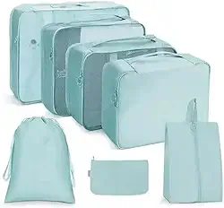 Kit Organizador de Malas para Viagem 8 Peças Conjunto Organizador Completo Bolsas Necessaire Sapatos Maquiagem Roupas Bagagem Organizada (Azul Claro)