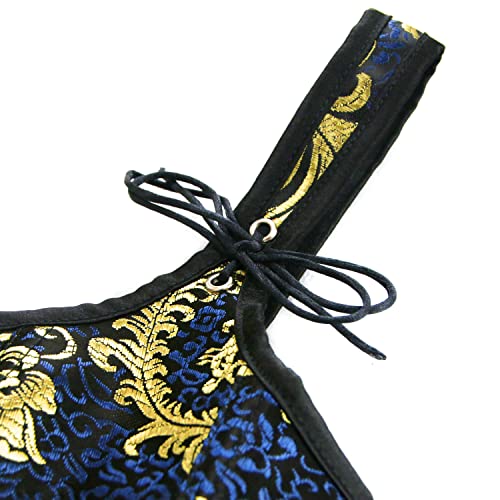 Charmian Women's Renaissance Lace Up Jacquard Floral Printed Vintage Boned Bustier Corset With Garters Blue Xx-Large #TOP5
