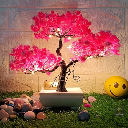 Image of Artificial LED Bonsai Tree with Lush Colorful Foliage in Elegant Plastic Pot | Artificial Plants with Pot | Indoor Plants | Home Decor Items (Pink, 24cm)