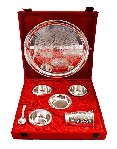 Indian Art Villa Silver Plated Embossed Design Dinner Thali Set, Dinnerware, 7 Pieces #TOP23