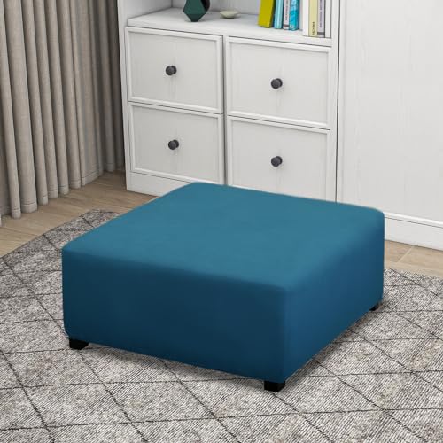 Image of PureFit Super Stretch Form Fit Square Ottoman Cover Rectangle - Ottoman Slipcovers for Foot Stool & Folding Storage Furniture for Living Room with Nonslip Elastic Bottom (Medium-XL, Peacock Blue)
