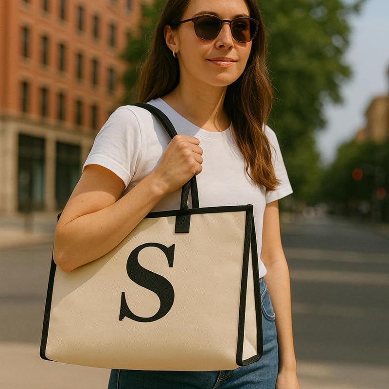 Image of Salt Earth Canvas Tote Bag for Women, Personalized Initial Monogram Tote, Beach Grocery Utility Tote for Travel & Work