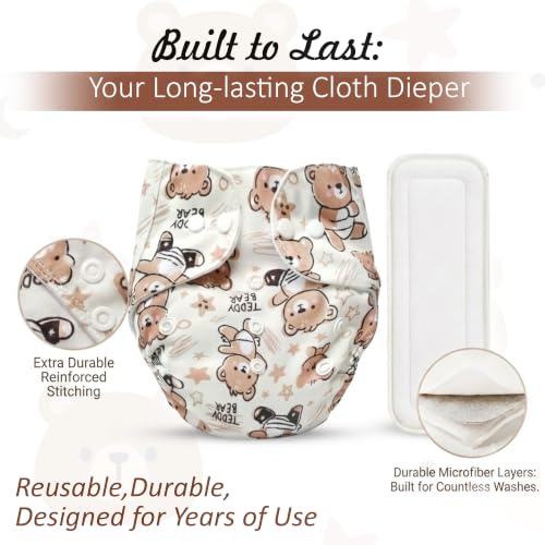 Image of GLUN Printed Reusable Baby Cloth Diaper Pack of 2, Multicolour Colour Cute Teddy Print, Comfort & Protection, Leakproof & High Absorption